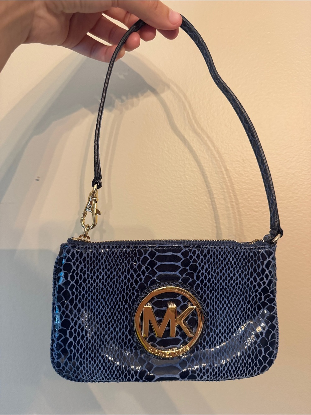Michael Kors Navy Snake-Embossed Shoulder Pouch with Gold MK Emblem